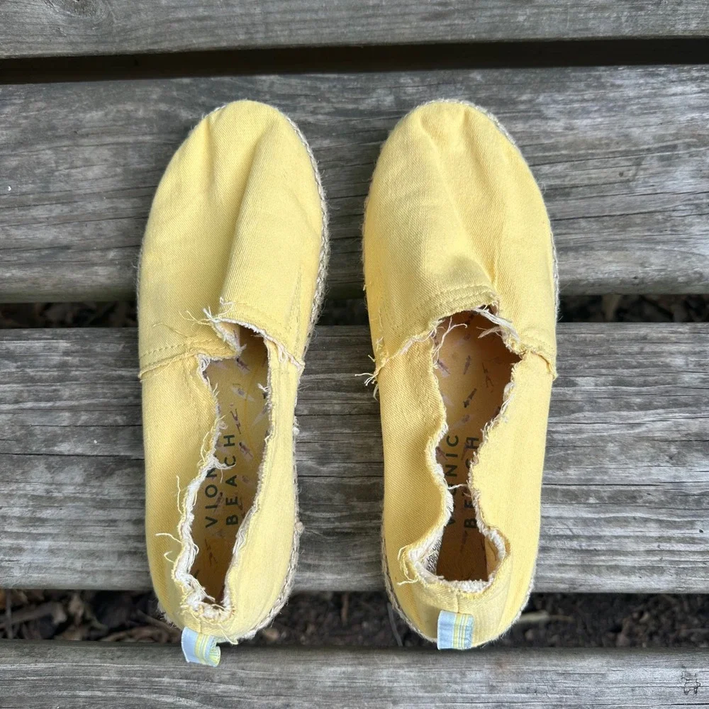 Vionic Beach Laguna Sun Yellow Canvas Frayed Espadrille Slip On Sneakers‎ Sz 8.5